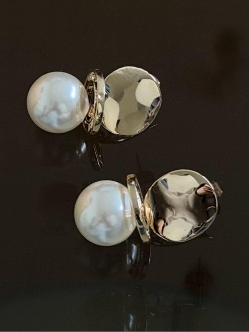 Gold Pearl and Hammered Disc Stud Earrings